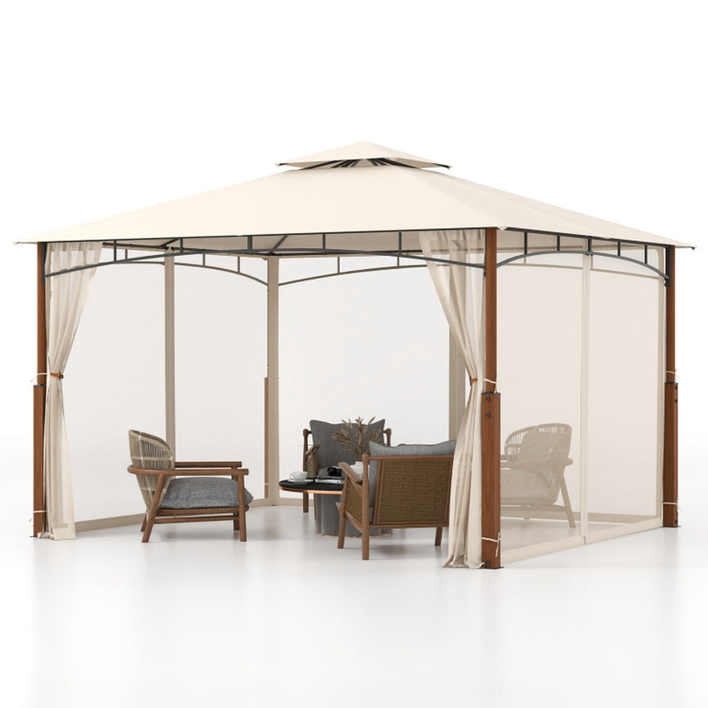 Biotree 12 x 10 Feet Outdoor Patio Gazebo with Netting and 2-Tier Canopy Roof Beige - Outdoor Patio Backyard Garden Shade Canopy Shelter