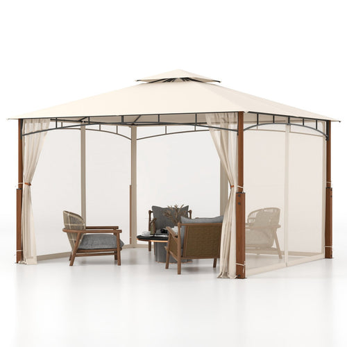 Biotree 12 x 10 Feet Outdoor Patio Gazebo with Netting and 2-Tier Canopy Roof Beige - Outdoor Patio Backyard Garden Shade Canopy Shelter