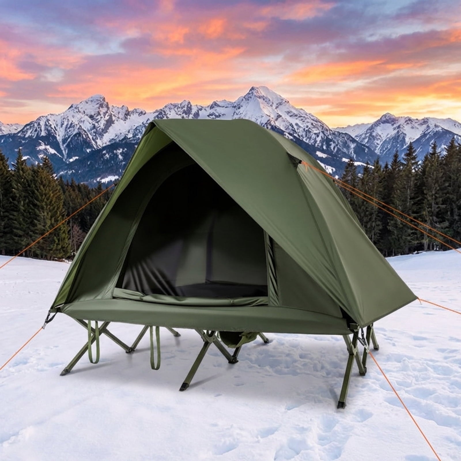 Biotree 2-Person Foldable Off-Ground Camping Cot Tent with Pop Up Shelter and Wheeled Carry Bag, Green
