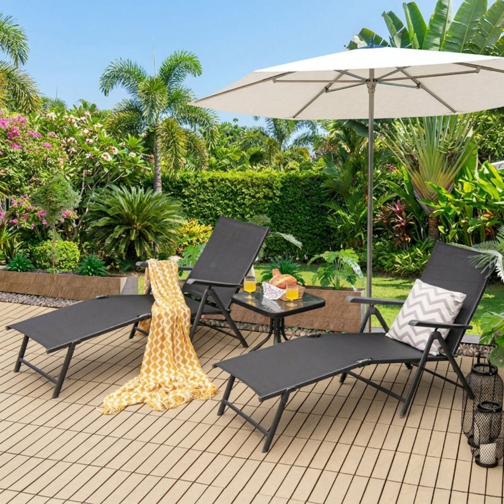Biotree 2 Pieces Foldable Chaise Lounge Chair with 2-Position Footrest Stackable Patio Chair for Garden BackyardBlack