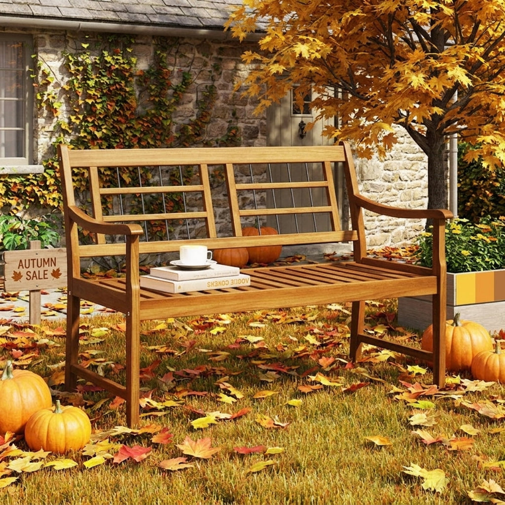 Biotree Patio Acacia Wood Bench with Curved Armrests Slatted Seat and Backrest Stackable Patio Chair for Garden BackyardNatural
