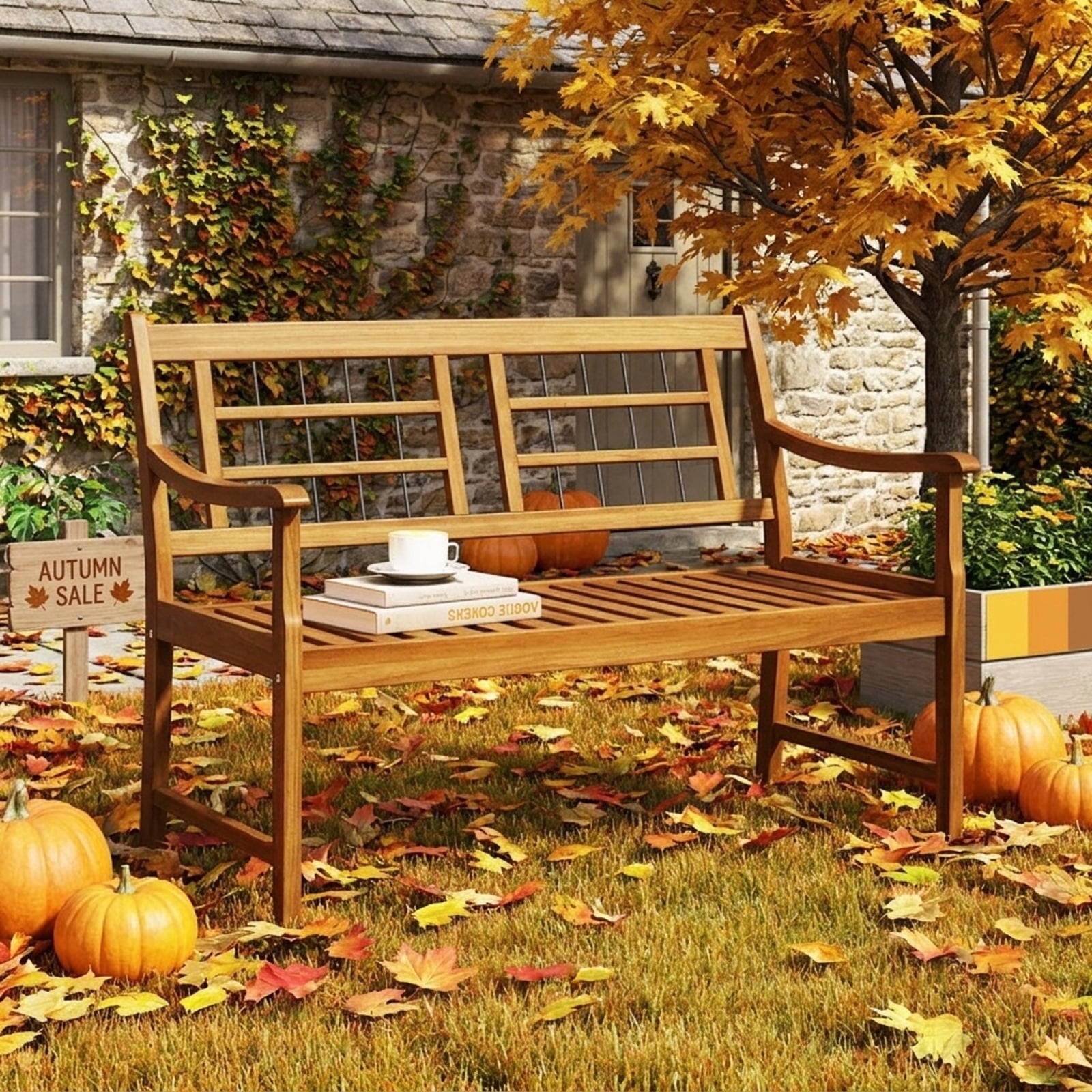Biotree Patio Acacia Wood Bench with Curved Armrests Slatted Seat and Backrest Stackable Patio Chair for Garden BackyardNatural