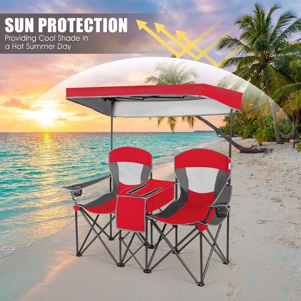 Biotree Folding Camping Chair with Sun Shade Canopy and Cup Holder 2-Person Portable Outdoor Double Chair for Beach Picnic, Red