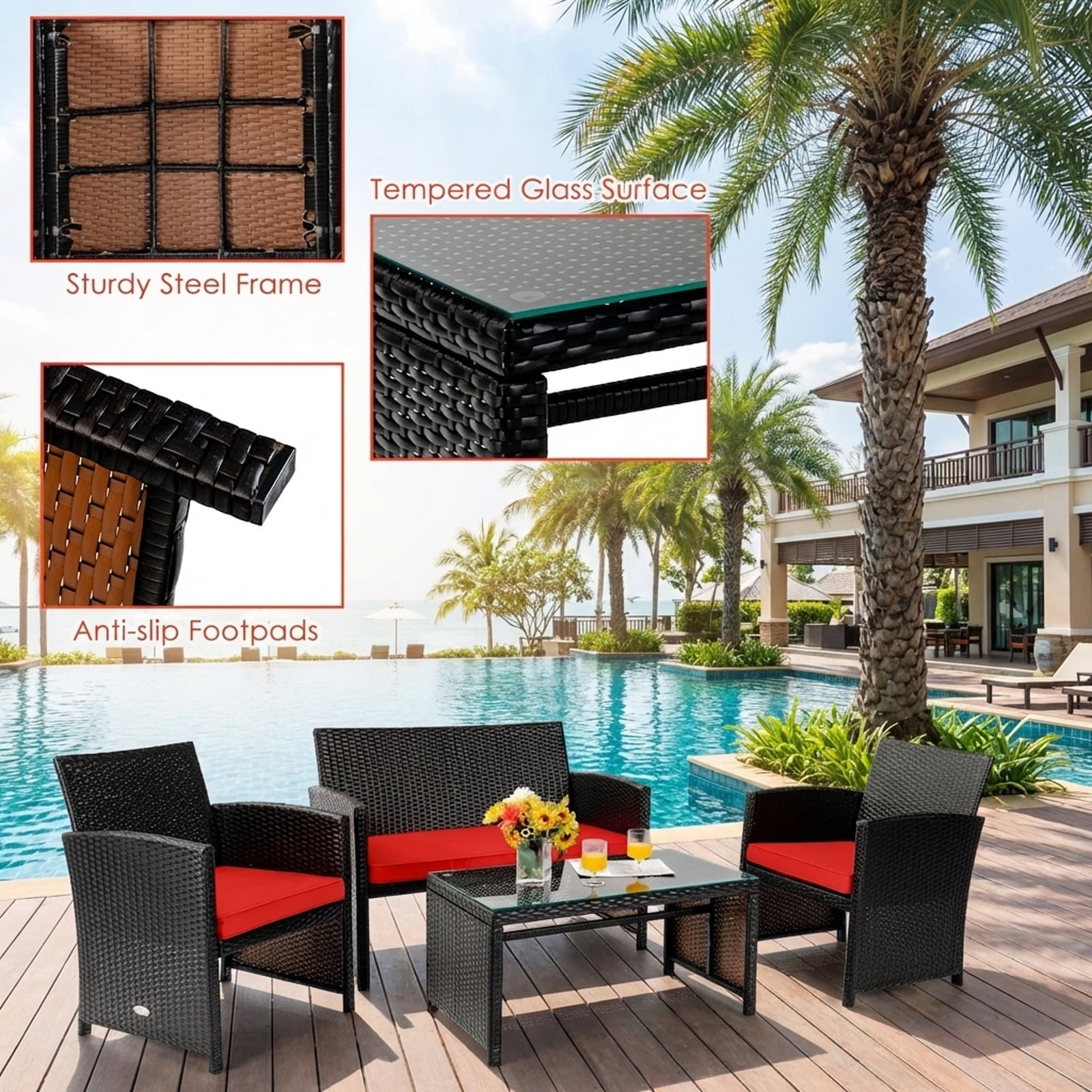 Biotree 4-Piece Patio Rattan Cushioned Furniture Set-Red