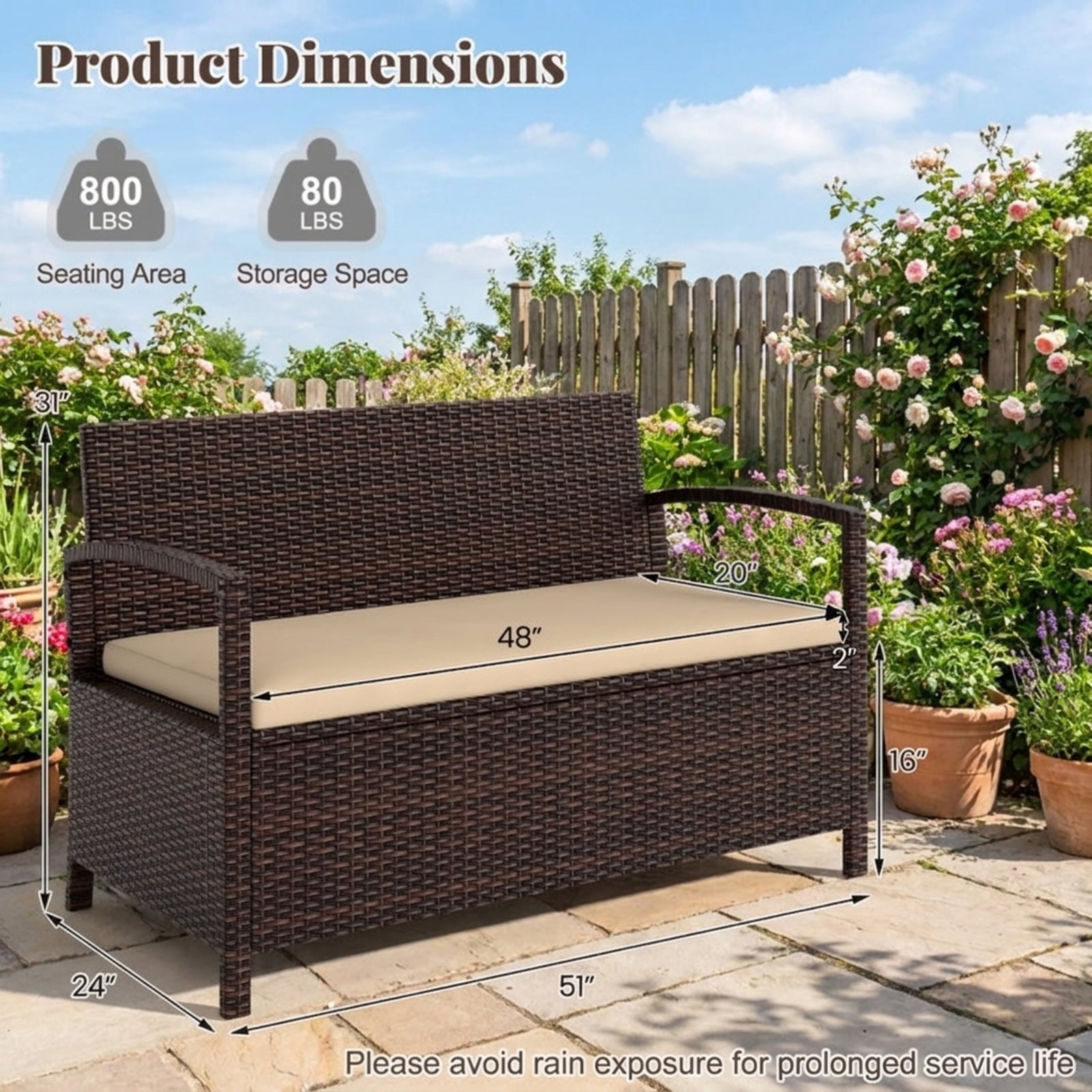 Biotree Outdoor PE Wicker Storage Bench 2 Seater with Cushion and 42 Gallon Deck Box Stackable Patio Chair for Garden BackyardBeige