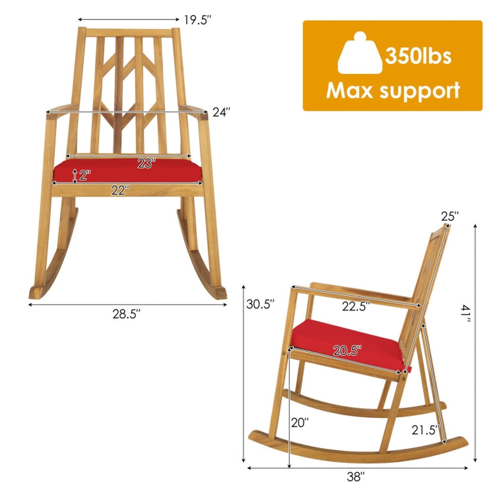 Biotree Patio Acacia Wood Rocking Chair Sofa with Armrest and Cushion for Garden and Deck Stackable Patio Chair for Garden BackyardRed