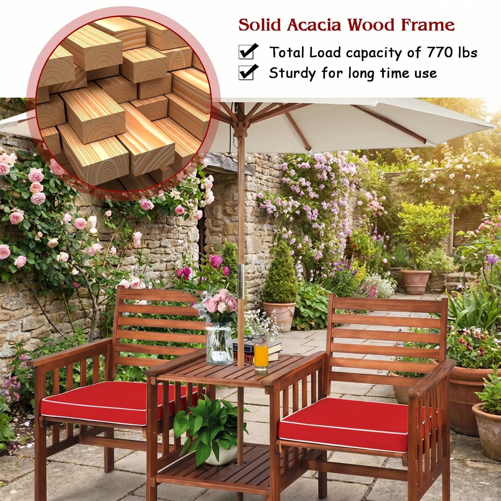 Biotree Acacia Wood Outdoor Garden Bench Set of 1/2 with Slatted Seat and 800 Lbs Capacity-Set of 1Natural