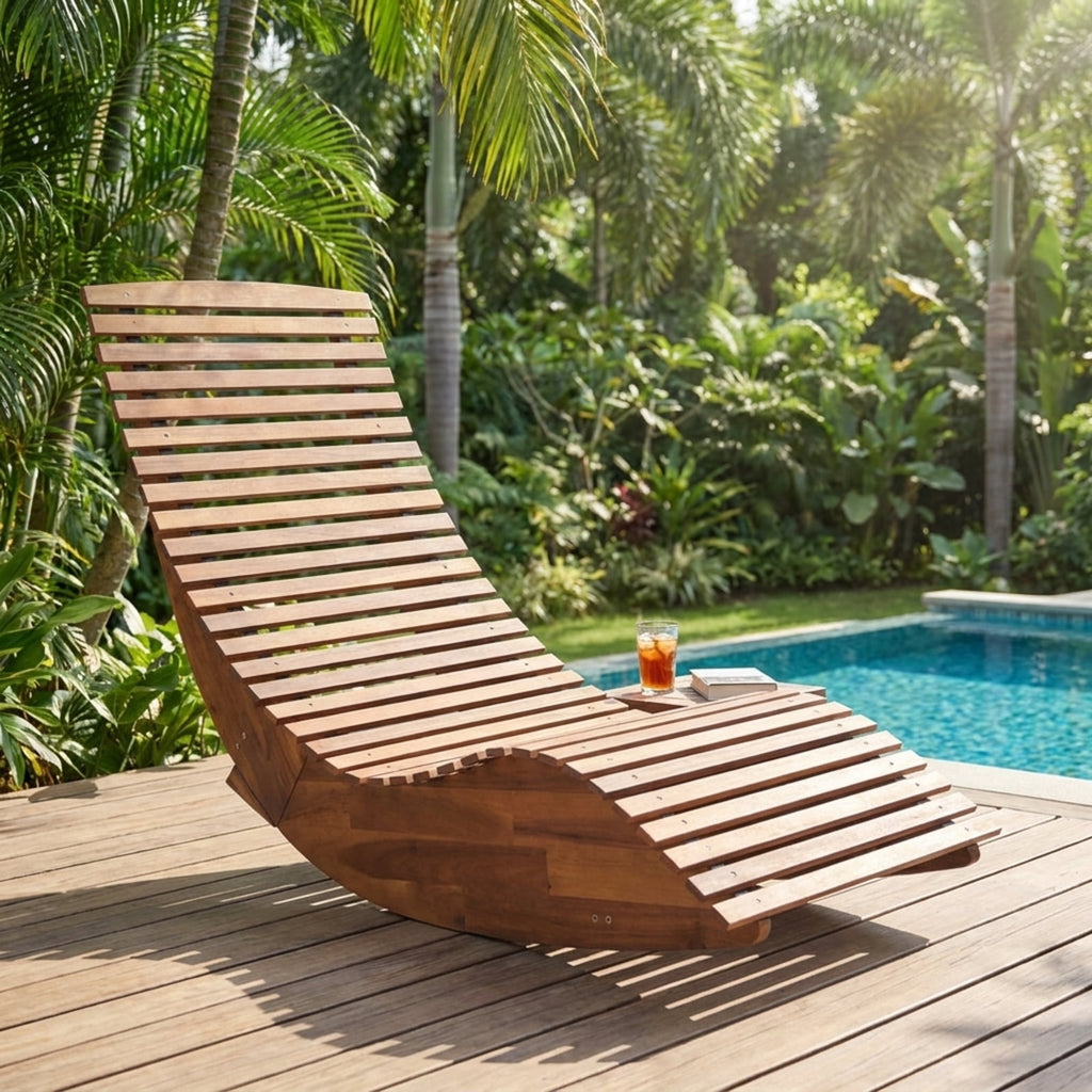 Biotree Outdoor Acacia Wood Rocking Chair with Widened Slatted Seat and High Back Stackable Patio Chair for Garden BackyardNatural