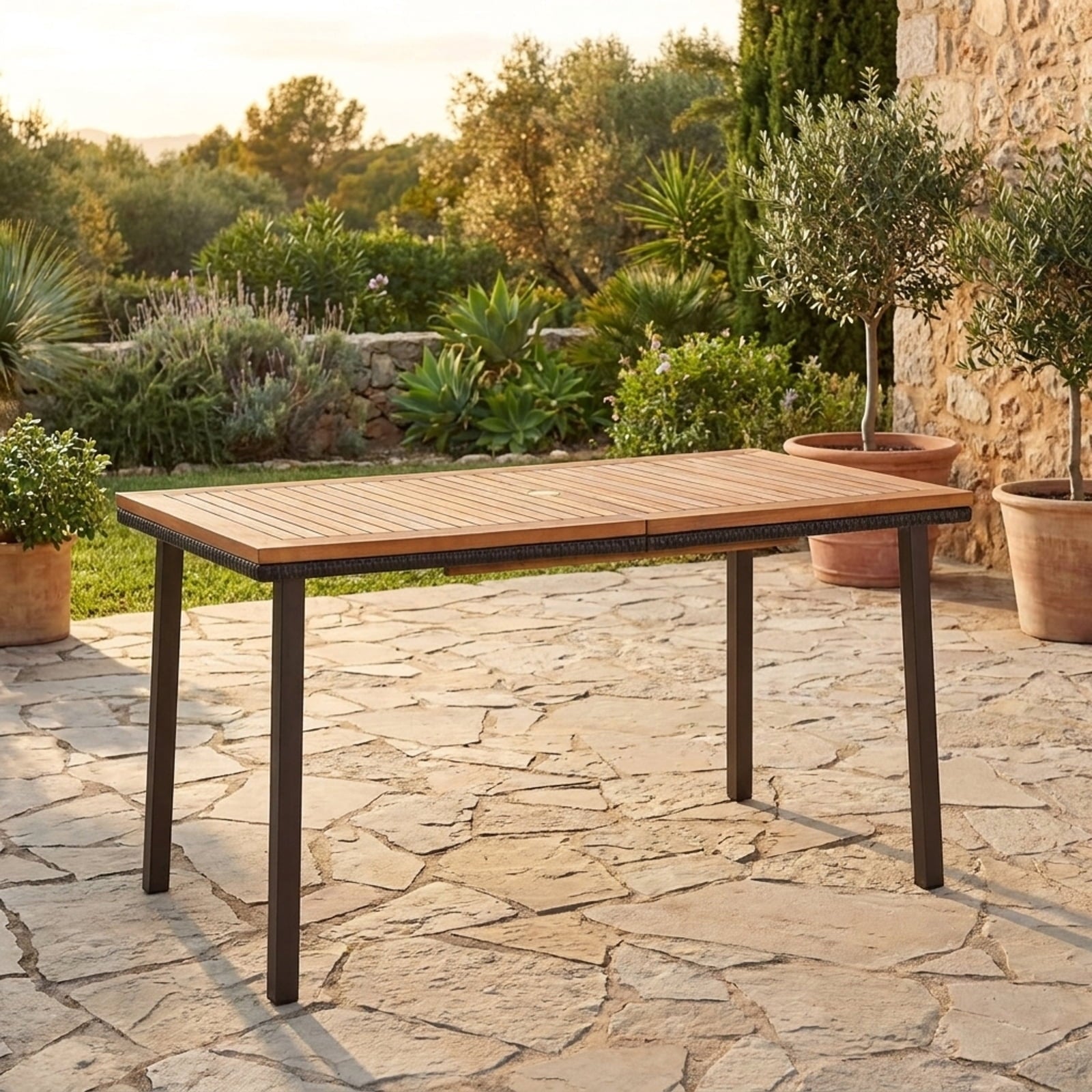Biotree 55 Inch Patio Acacia Dining Table with Umbrella Hole, Black