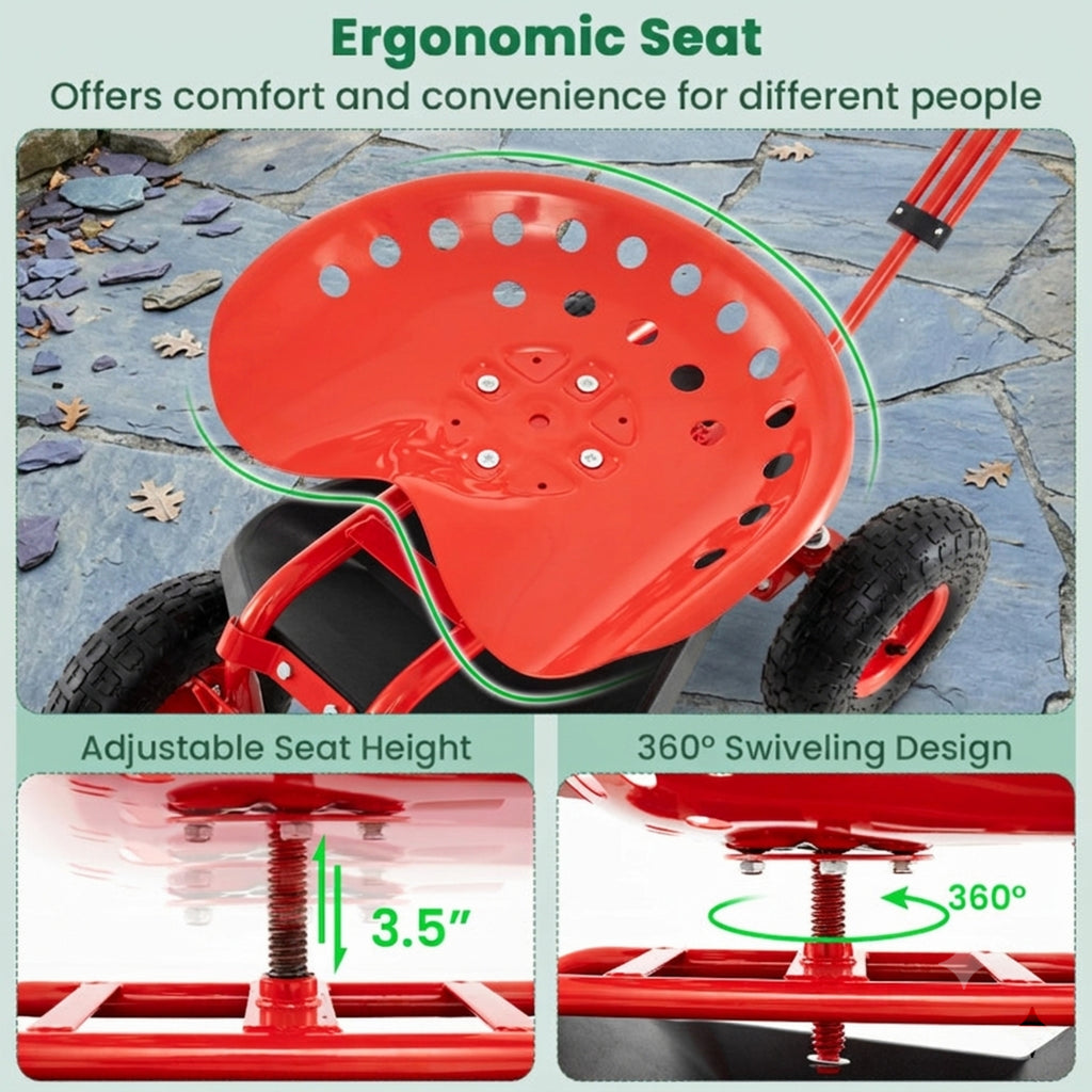 Biotree Rolling Garden Cart with 360¡ã Swivel Seat, Height Adjustable Garden Scooter, Heavy Duty Yard Cart with Tool Tray and Storage Basket for Gardening Weeding Yard Work Red