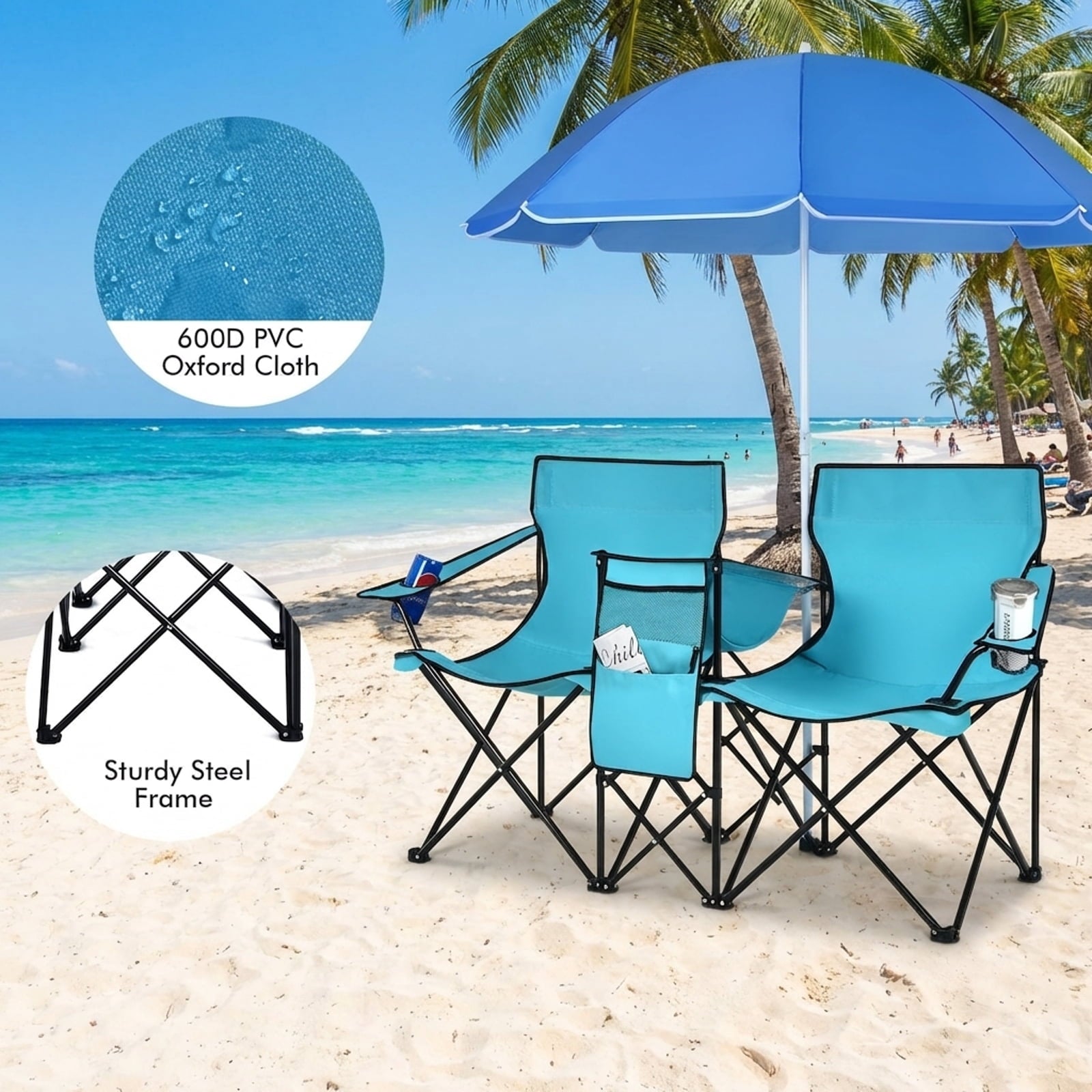 Biotree Double Camping Chair with Removable Umbrella Portable Folding Loveseat with Cooler Bag and Cup Holders for Beach Picnic, Turquoise
