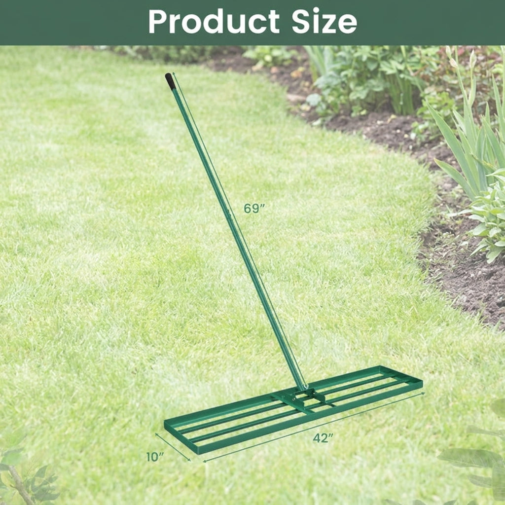 Biotree 42 x 10 Inch Lawn Leveling Rake with Ergonomic Handle for Lawn Garden Yard Soil Care, Green