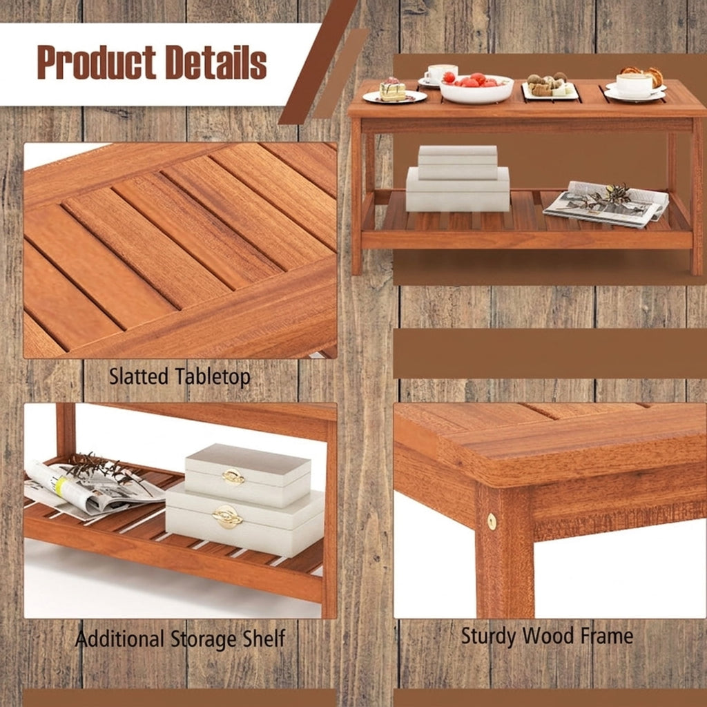Biotree 2-Tier Patio Coffee Table with Slatted Tabletop and Shelf, Natural