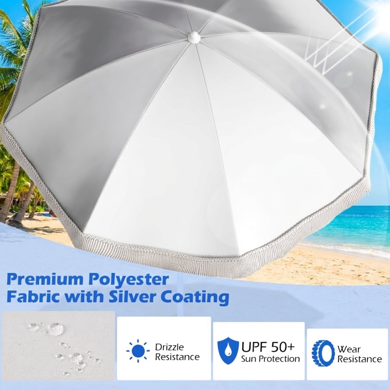 Biotree 6 ft Beach Tassel Fringe Patio Umbrella Crank Tilt Outdoor Shade - White - UV Protection with Cross Base