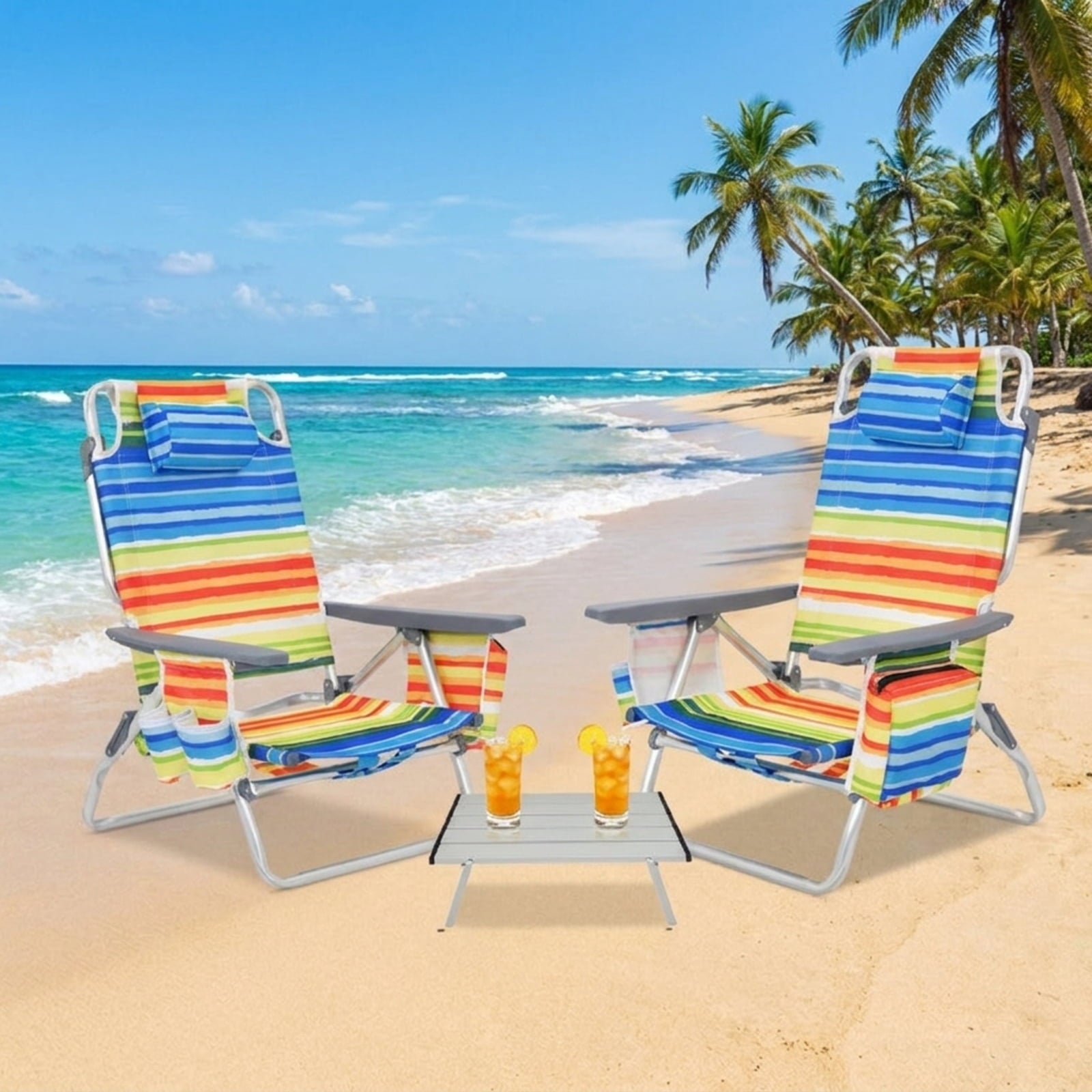 Biotree 2 Packs 5-Position Outdoor Folding Backpack Beach Table Chair Reclining Chair Set Stackable Patio Chair for Garden BackyardYellow