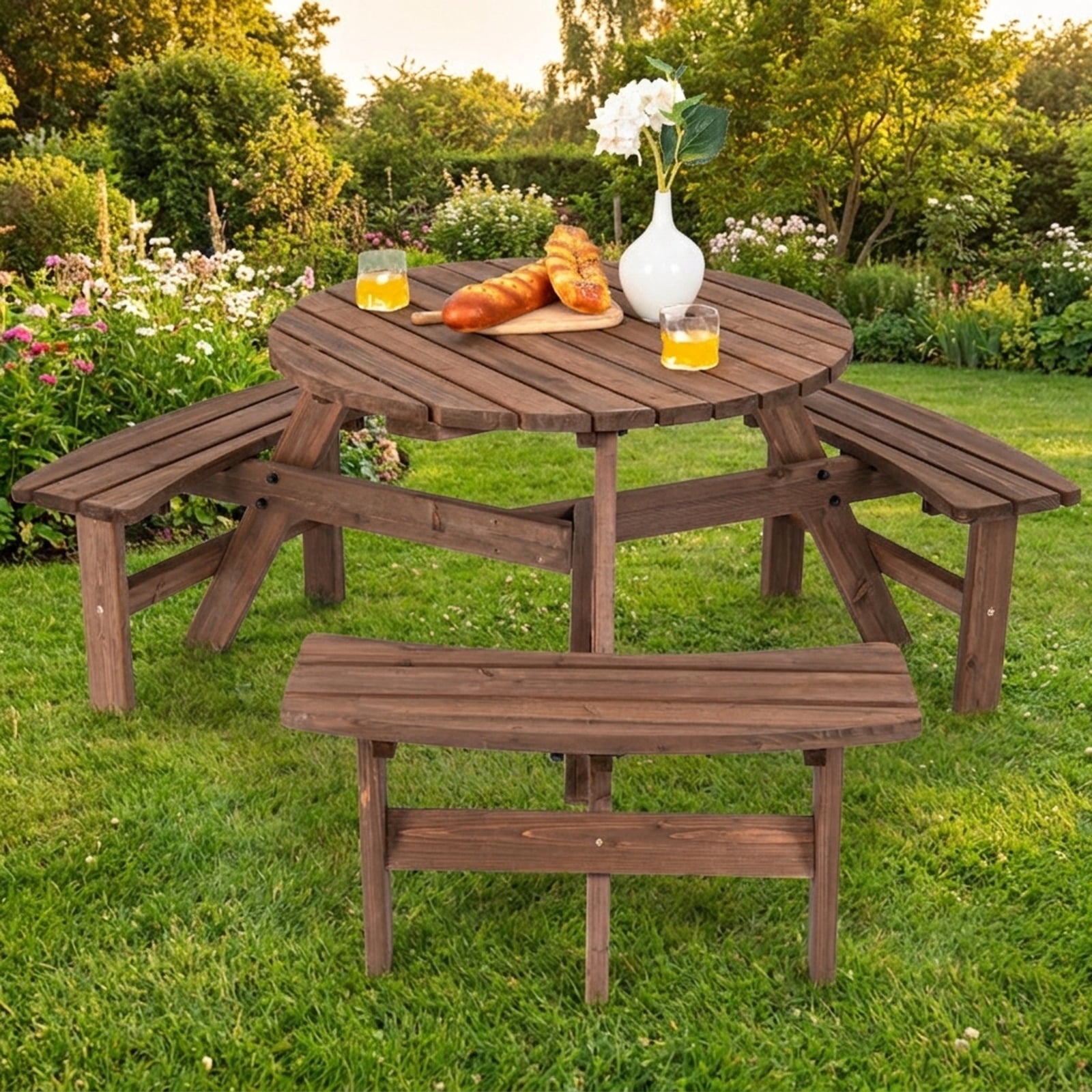 Biotree 66.9-Inch 6 Person Wooden Picnic Table Set with Bench and Umbrella Hold, Black