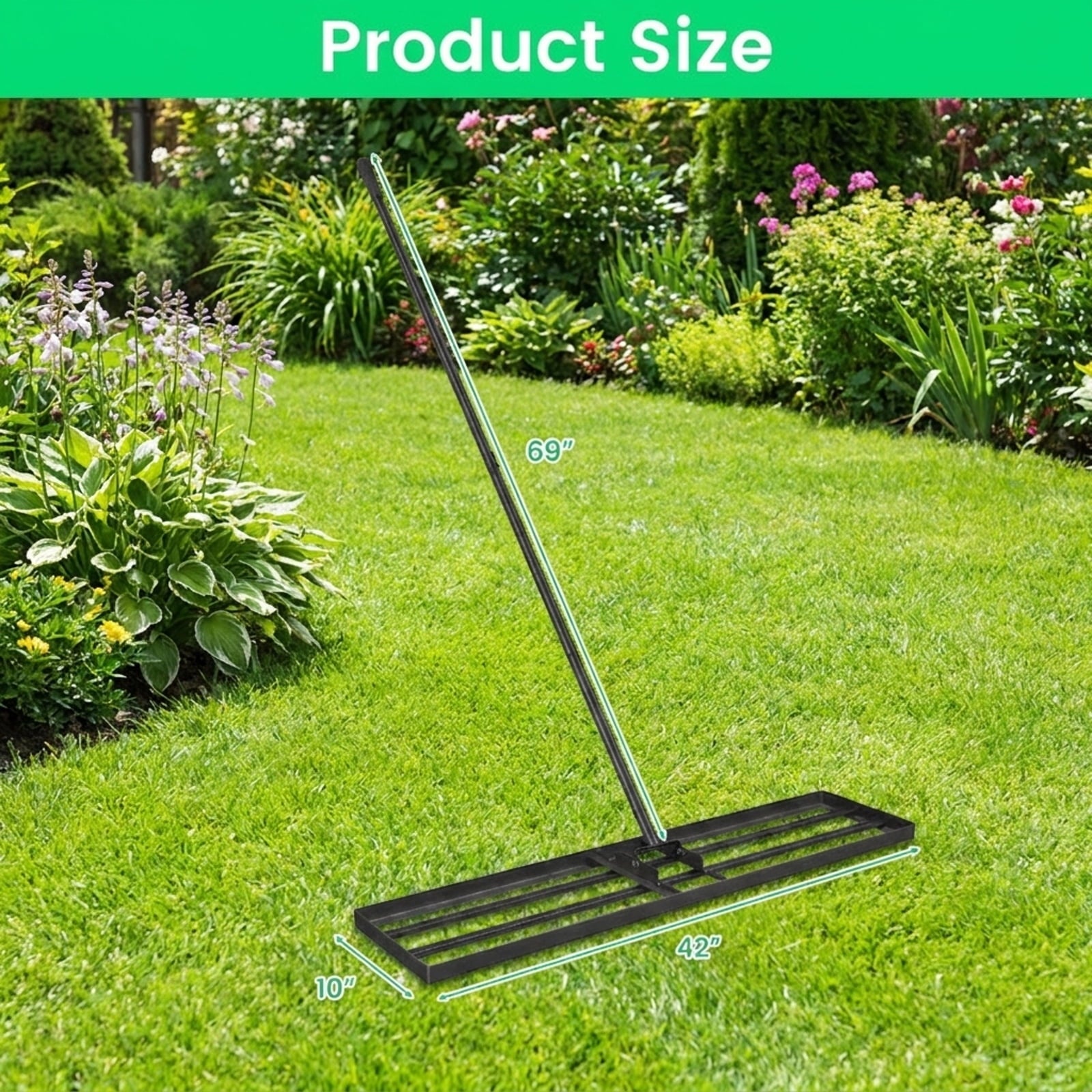 Biotree 42 x 10 Inch Lawn Leveling Rake with Ergonomic Handle for Lawn Garden Yard Soil Care, Black