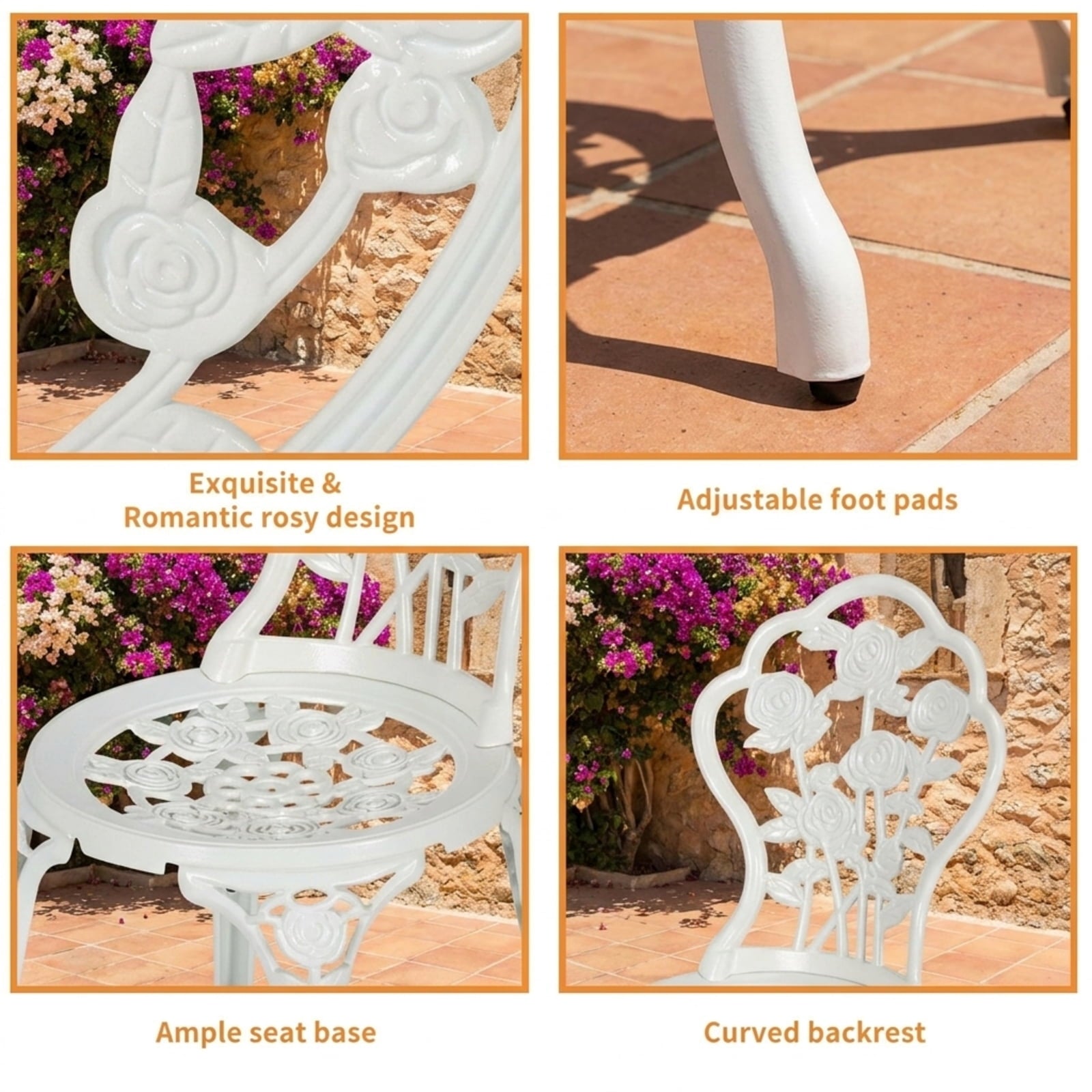 Biotree Outdoor Cast Aluminum Patio Furniture Set with Rose Design Outdoor Conversation Set for Garden Backyard PorchWhite