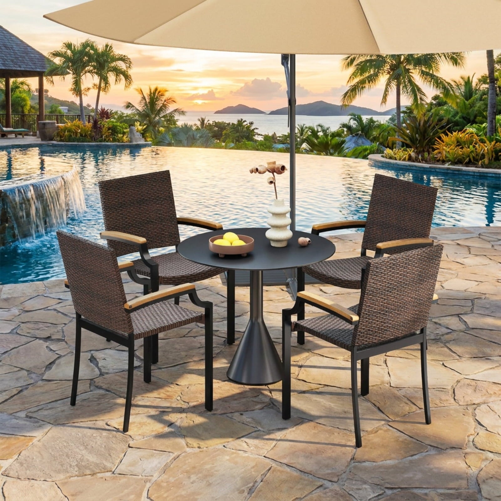 Biotree Stacking Wicker Chairs Set of 2 Patio Rattan Dining Chairs with Acacia Wood ArmrestsMix Brown