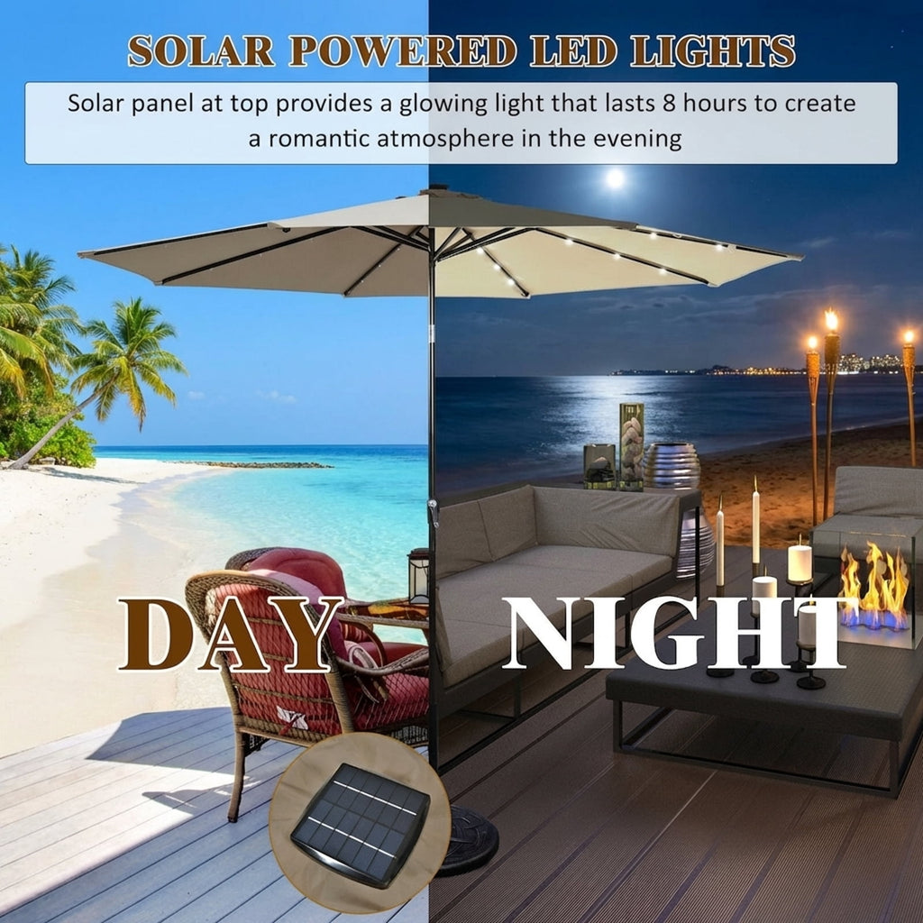 Biotree 10 Solar LED Lighted Patio Market Umbrella Shade Tilt Adjustment Crank-Tan Outdoor Backyard