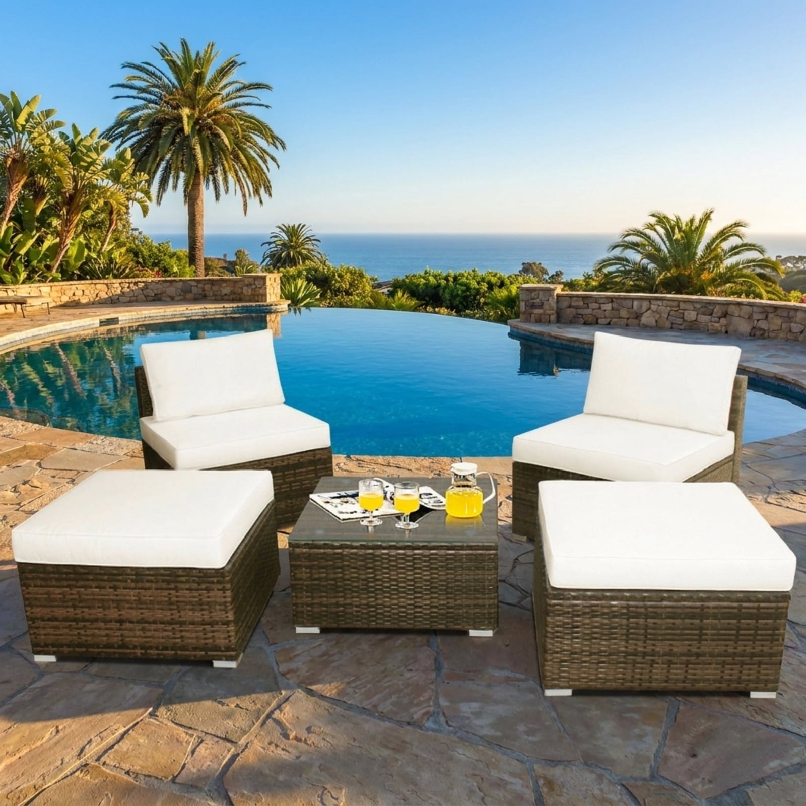 Biotree 5 Pieces Patio Rattan Furniture Set with Cushioned Armless Sofa Outdoor Conversation Set for Garden Backyard PorchWhite