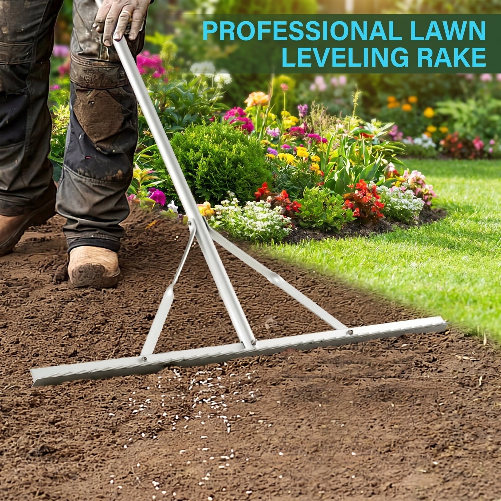 Biotree Aluminum Rake with 36 Inch Wide Rake Head and 68 Inch Long Handle for Lawn Garden Yard Soil Care, Silver