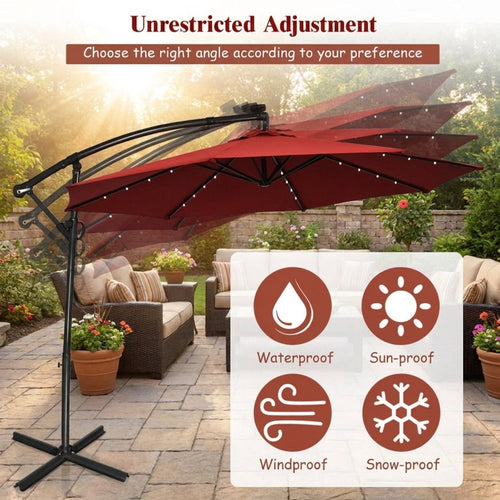 Biotree 10 ft Solar Offset Hanging Umbrella with 40 LED Lights Cross Base Included 180G Polyester Canopy for Patio Outdoor - Beige