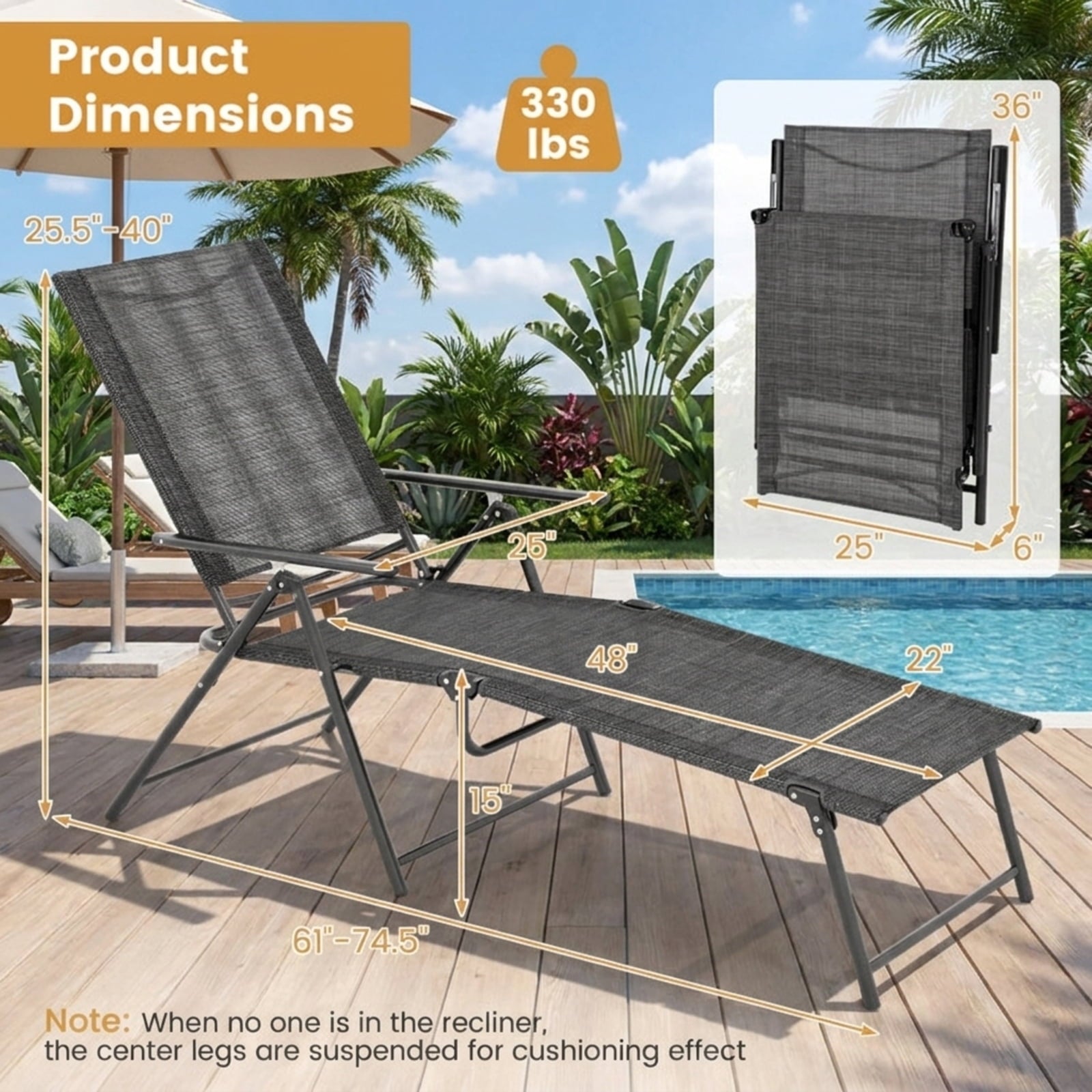 Biotree 2 Piece Patio Folding Chaise Lounge Chairs Recliner with 6-Level Backrest Stackable Patio Chair for Garden BackyardGray
