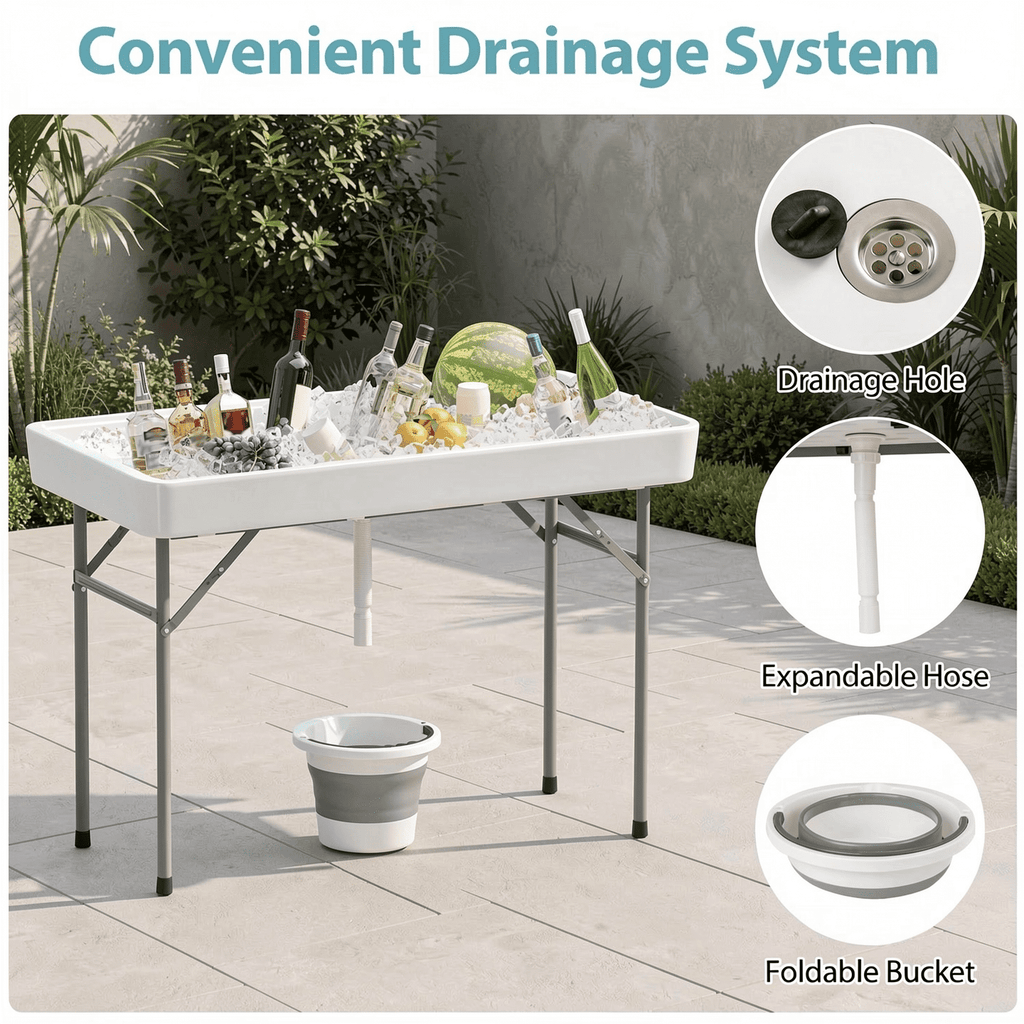 Biotree 4 Foot Ice Cooler Folding Table with Large Sink Portable Ice Bin Table for Camping Party Picnic Events, White
