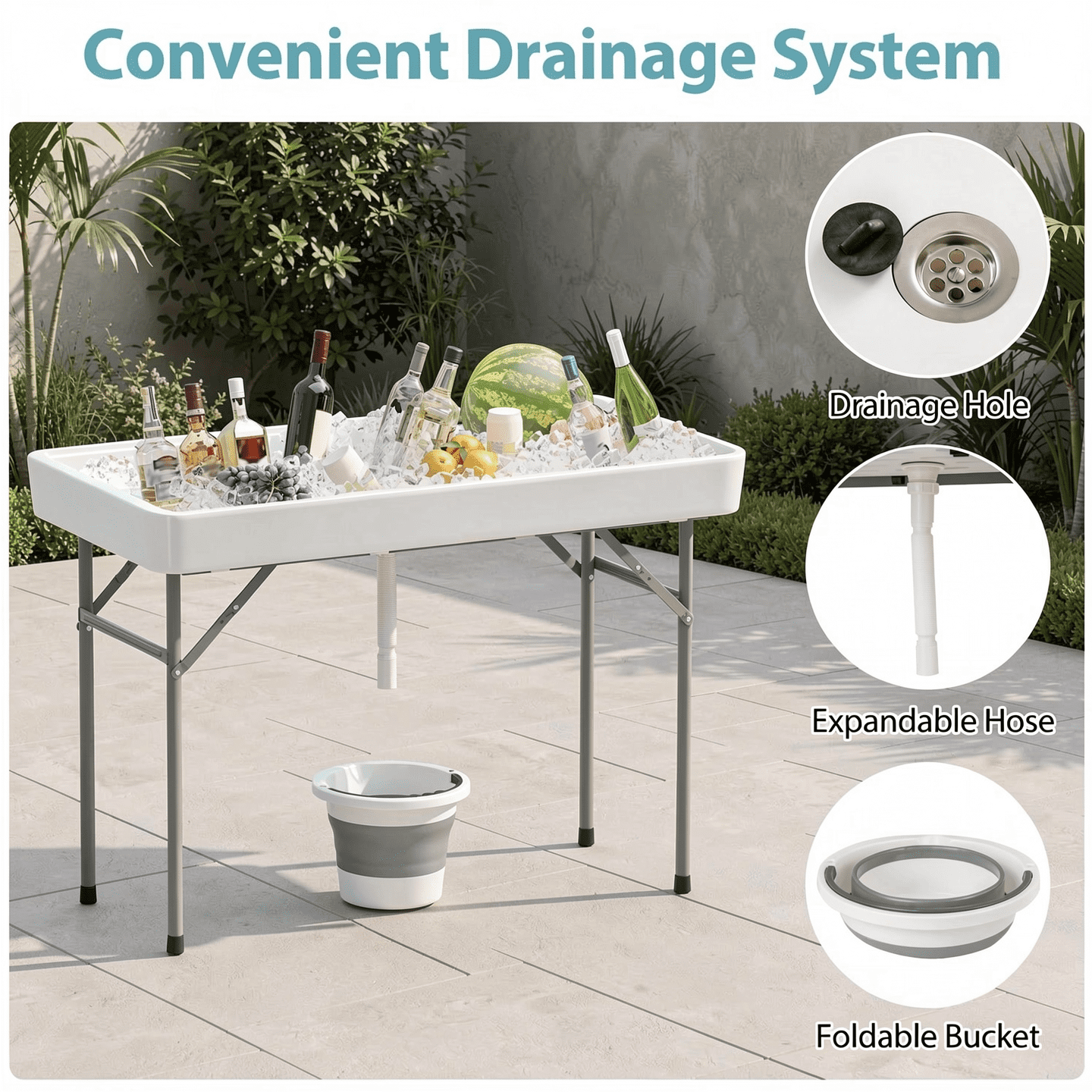 Biotree 4 Foot Ice Cooler Folding Table with Large Sink Portable Ice Bin Table for Camping Party Picnic Events, White