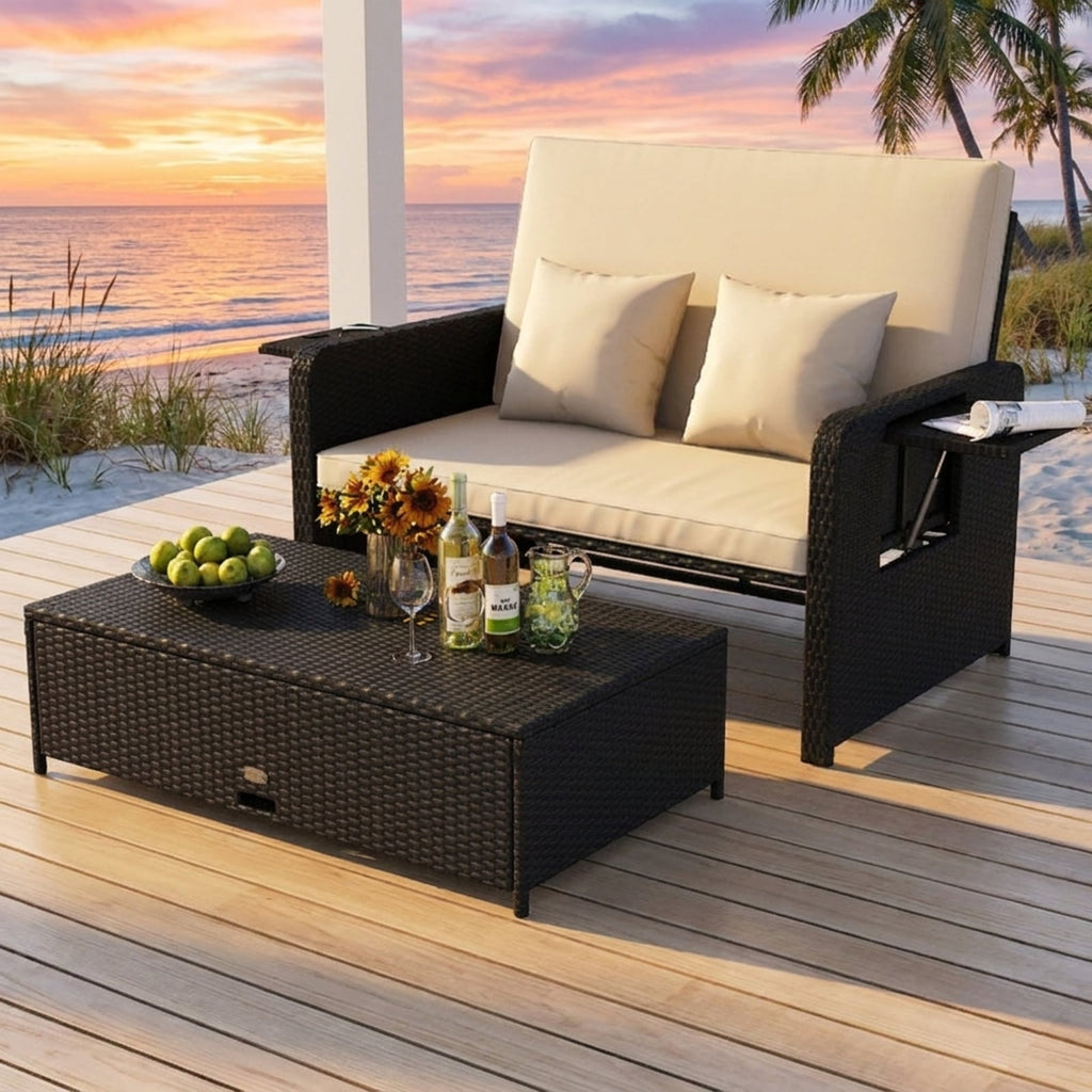 Biotree PE Wicker Outdoor Daybed with 4-Level Adjustable Backrest and Storage Ottoman Outdoor Conversation Set for Garden Backyard PorchWhite