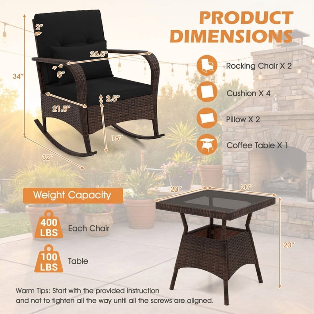 Biotree 3 Pieces Outdoor Rocking Set with Tempered Glass Coffee Table for Backyard Poolside Outdoor Conversation Set for Garden Backyard PorchBlack