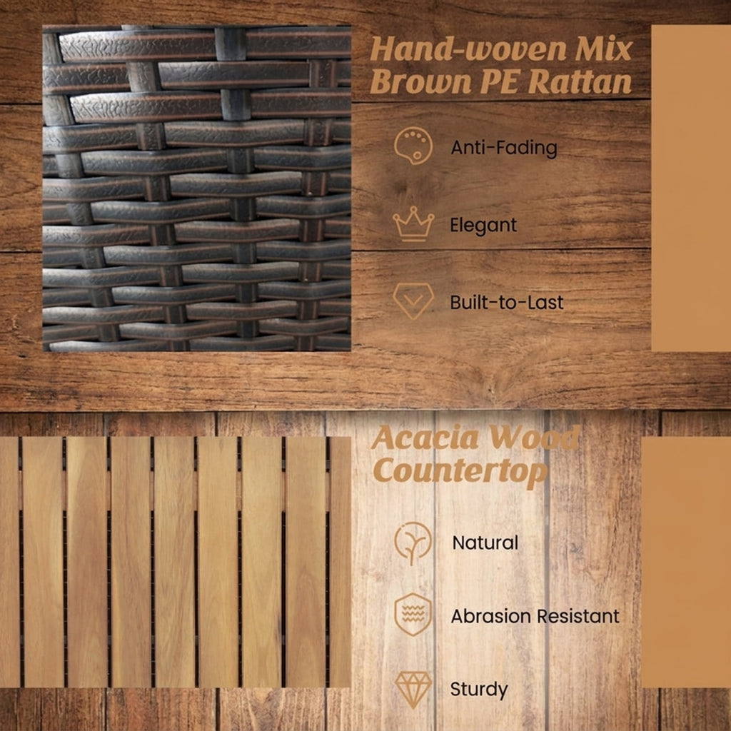 Biotree 134 Gallon Rattan Storage Box with Zippered Liner and Solid Acacia Wood Top Outdoor Waterproof for Patio Deck Garden Cushions, Brown