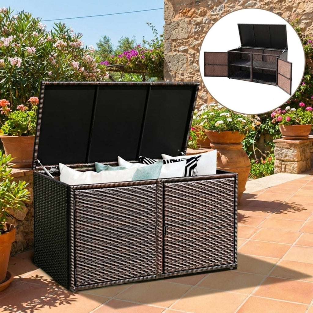 Biotree 88 Gallon Garden Patio Rattan Storage Container Box Outdoor Waterproof for Patio Deck Garden Cushions, Brown