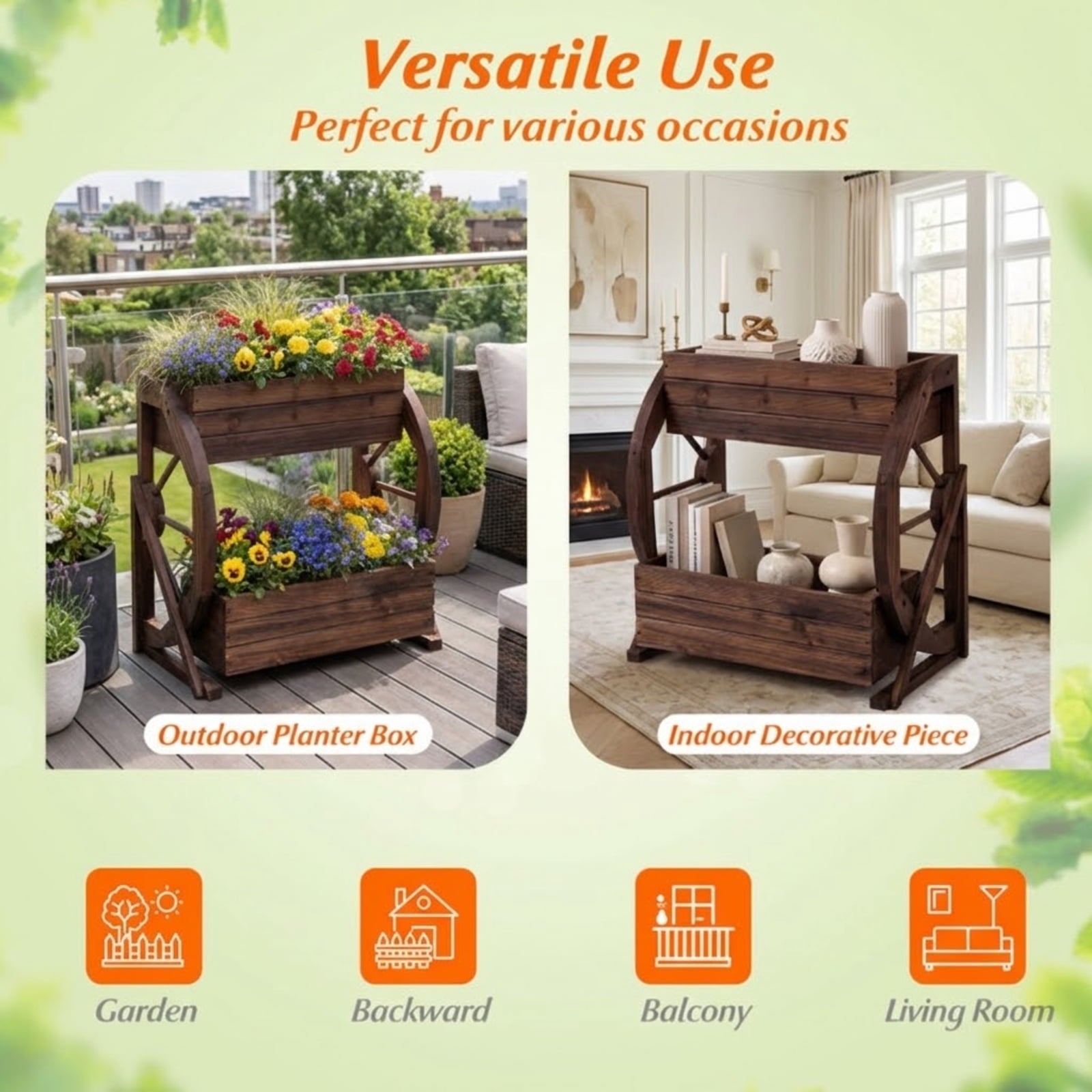 Biotree 2-tier Raised Garden Bed Rustic Wood Wagon Planter with Drainage Holes and Semi-wheels-Coffee Brown