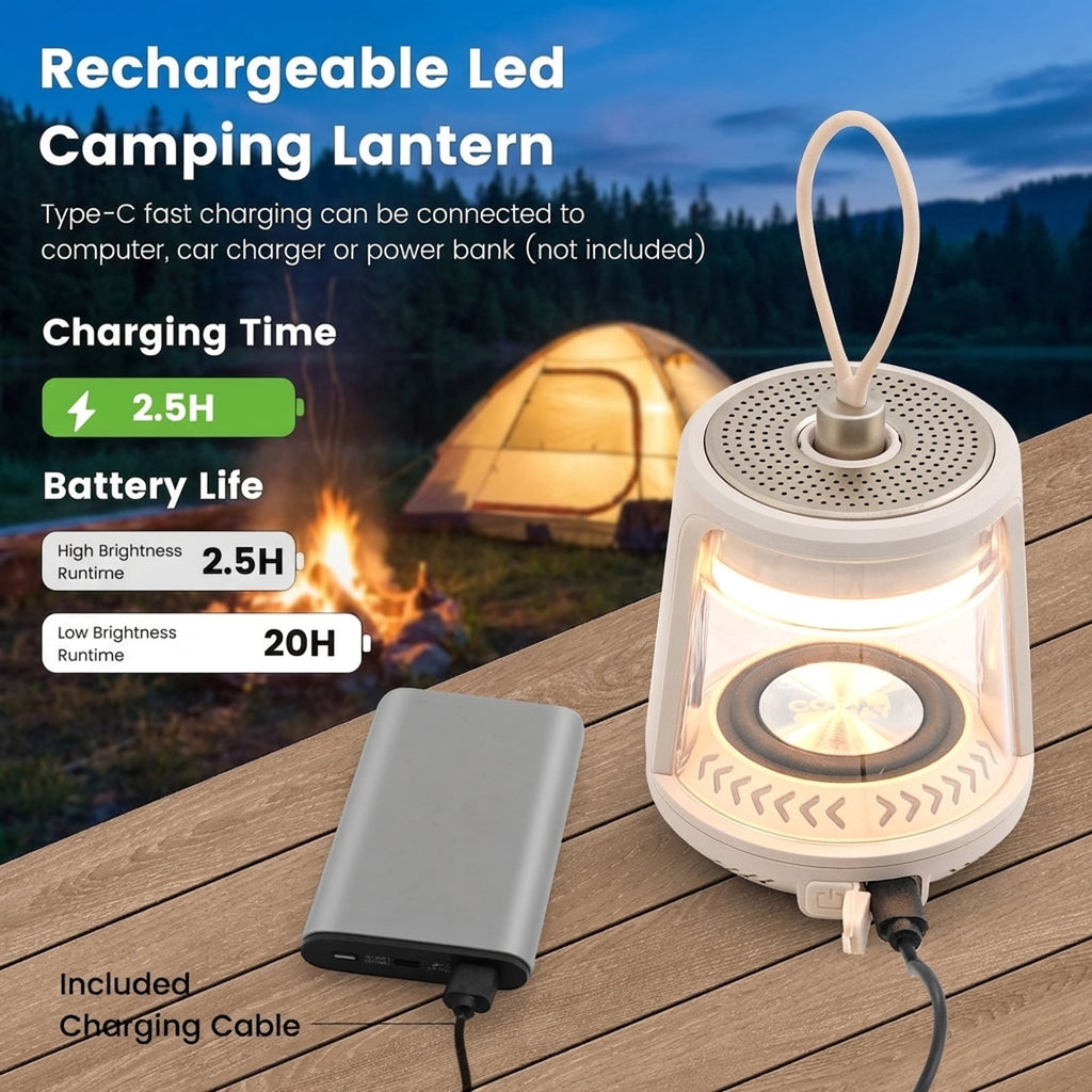 Biotree Outdoor Waterproof Camping Lantern Speaker with 3 LED Light Colors, White