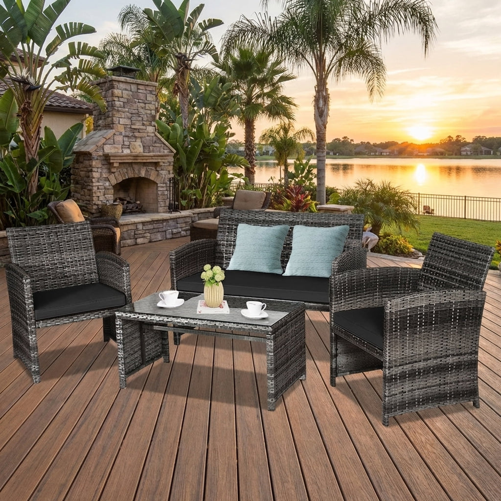 Biotree 4-Piece Patio Rattan Furniture Set with Glass Table-Black