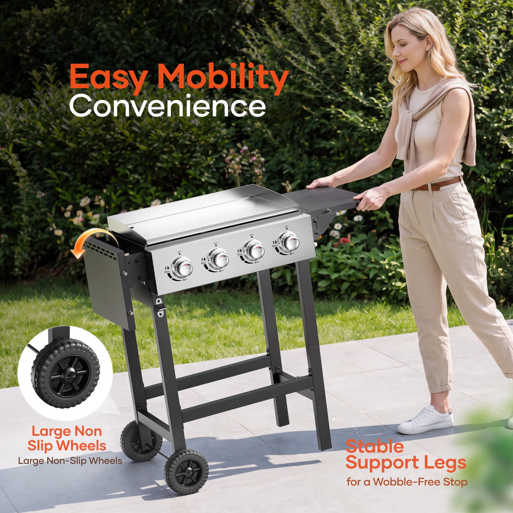 Biotree 4-Burner Propane Gas Griddle with Stainless Steel Pan,42,000 BTU Flat Top BBQ Grill with Two Foldable Shelves and Griddle Cover for Outdoor Camping Patio