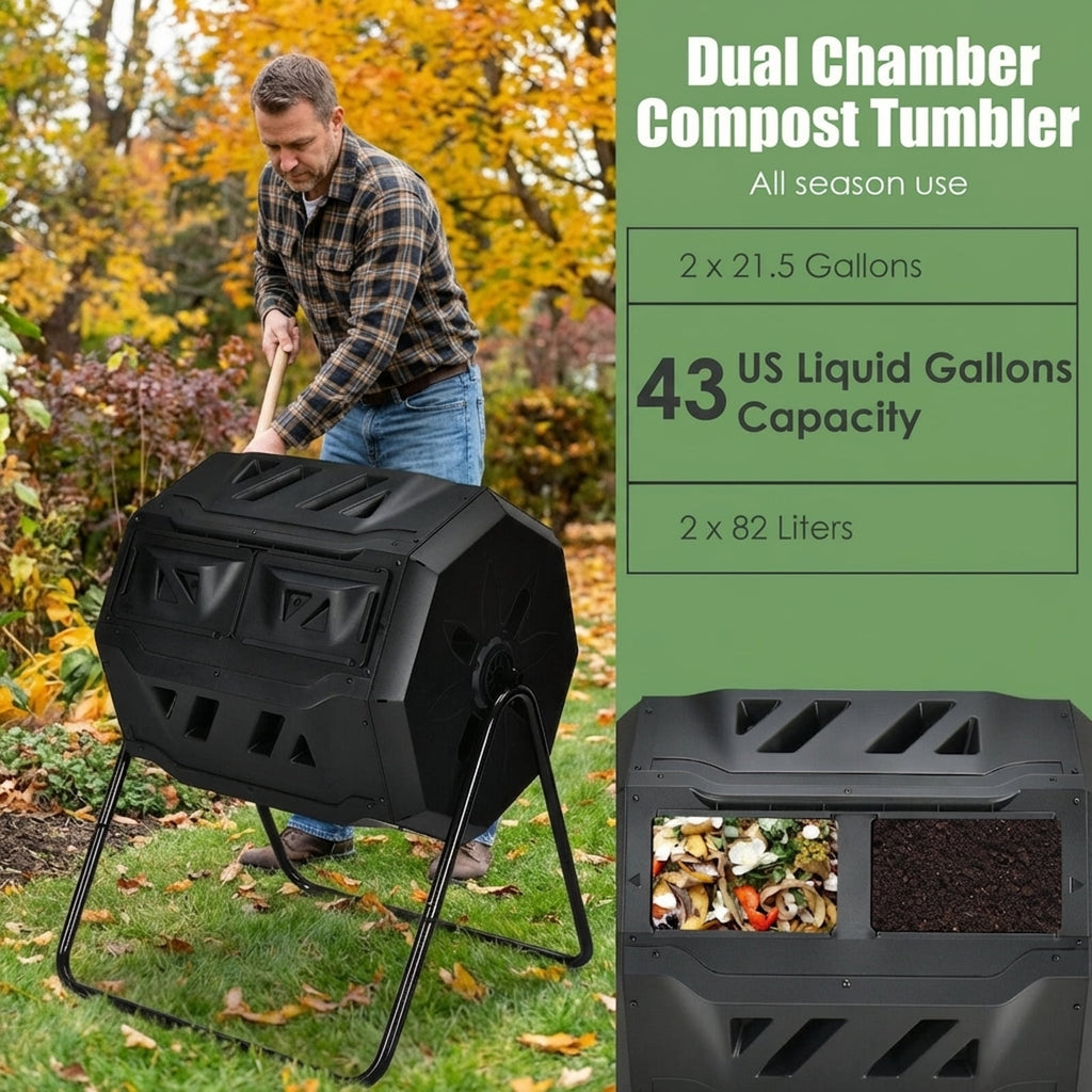 Biotree 43 Gallon Composting Tumbler Compost Bin with Dual Rotating Chamber Outdoor Garden Organic Yard