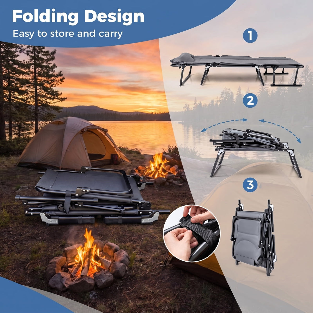 Biotree Folding Camping Cot 3 in 1 Convertible Padded Single Sofa Chair with Sturdy Steel Frame and 375 lbs Capacity for Outdoor Camping and Backyard Lounging, Gray