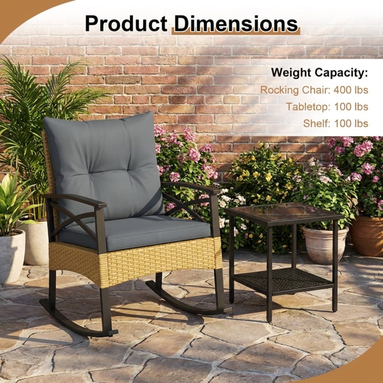 Biotree 3 Pieces Outdoor Rattan Rocking Chairs Set with 2-Tier Side Table for Garden Backyard Outdoor Conversation Set for Garden Backyard PorchGray