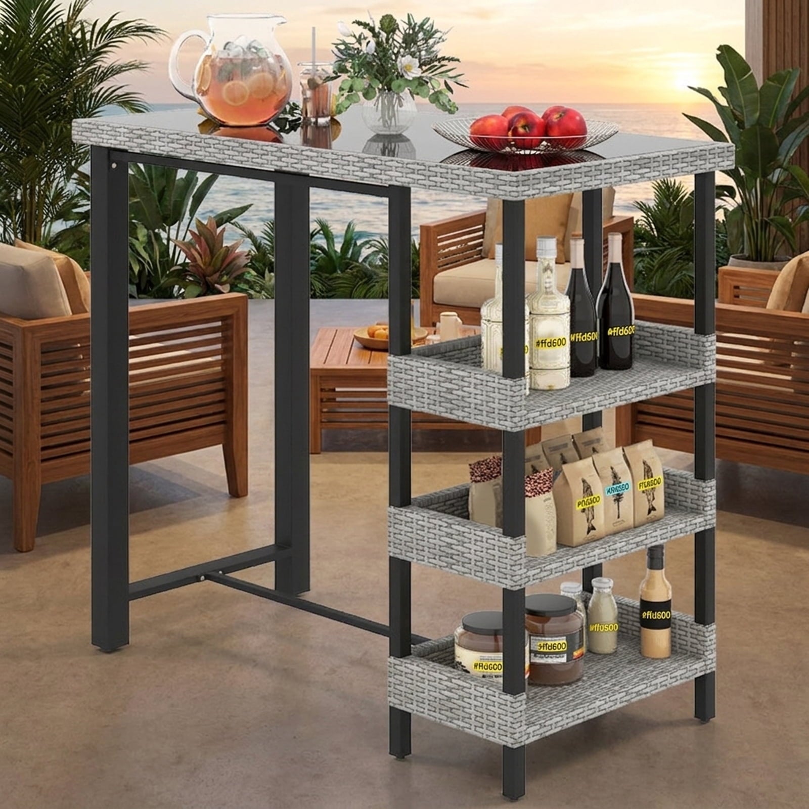 Biotree 43.5 Inch Outdoor Bar Table with Tempered Glass Top, Black