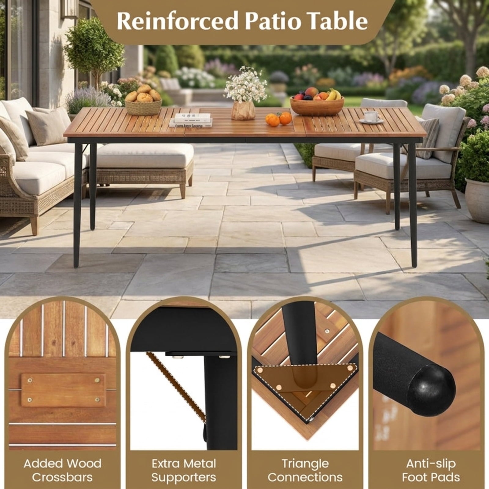 Biotree 79 Inch Acacia Wood Outdoor Dining Table for 8 with 1.9 Inch Umbrella Hole, Natural