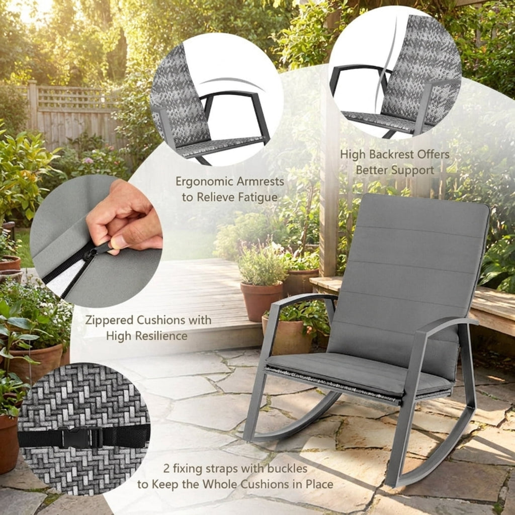 Biotree 3 Pieces Patio Rattan Rocking Furniture Set Outdoor Conversation Set for Garden Backyard PorchGray