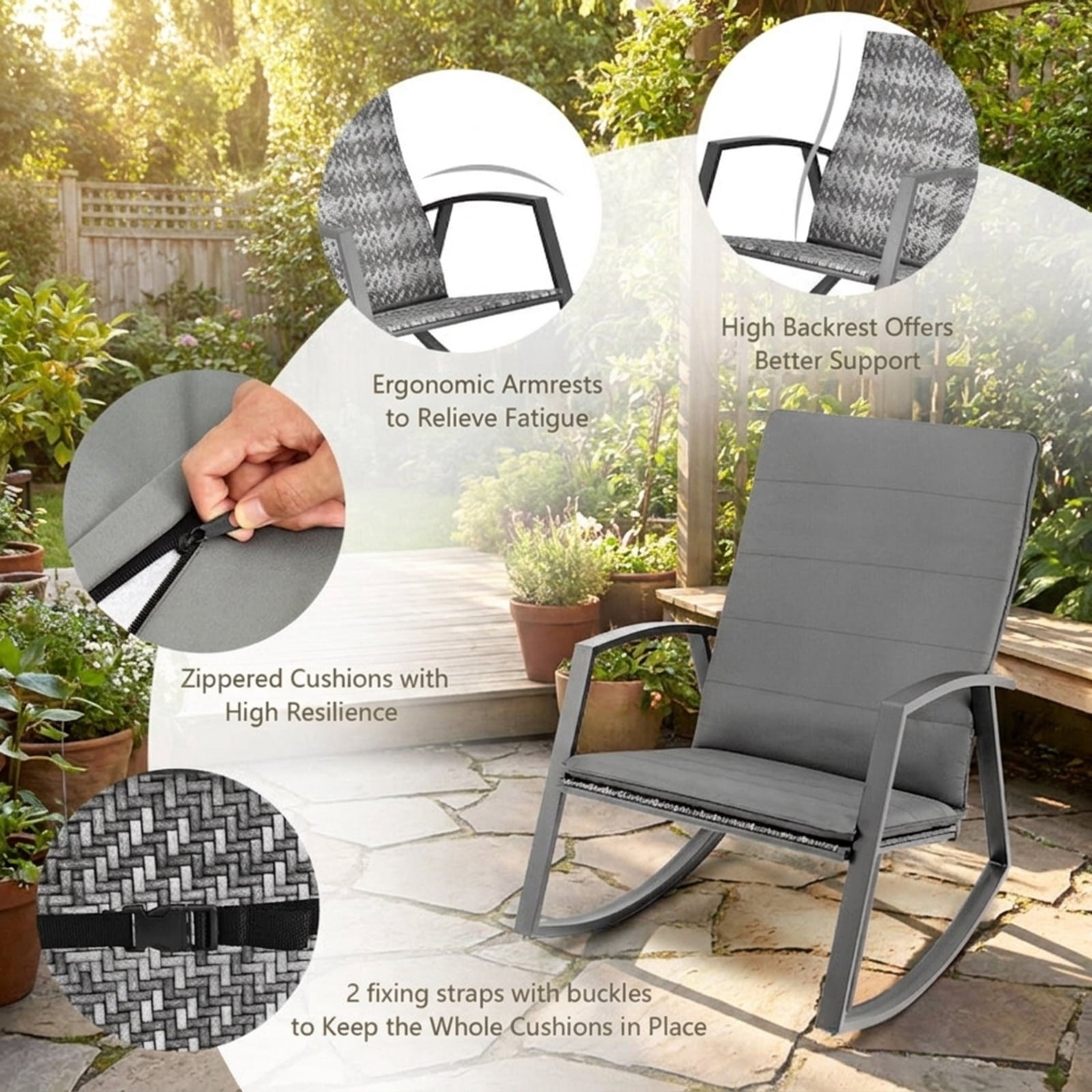 Biotree 3 Pieces Patio Rattan Rocking Furniture Set Outdoor Conversation Set for Garden Backyard PorchGray