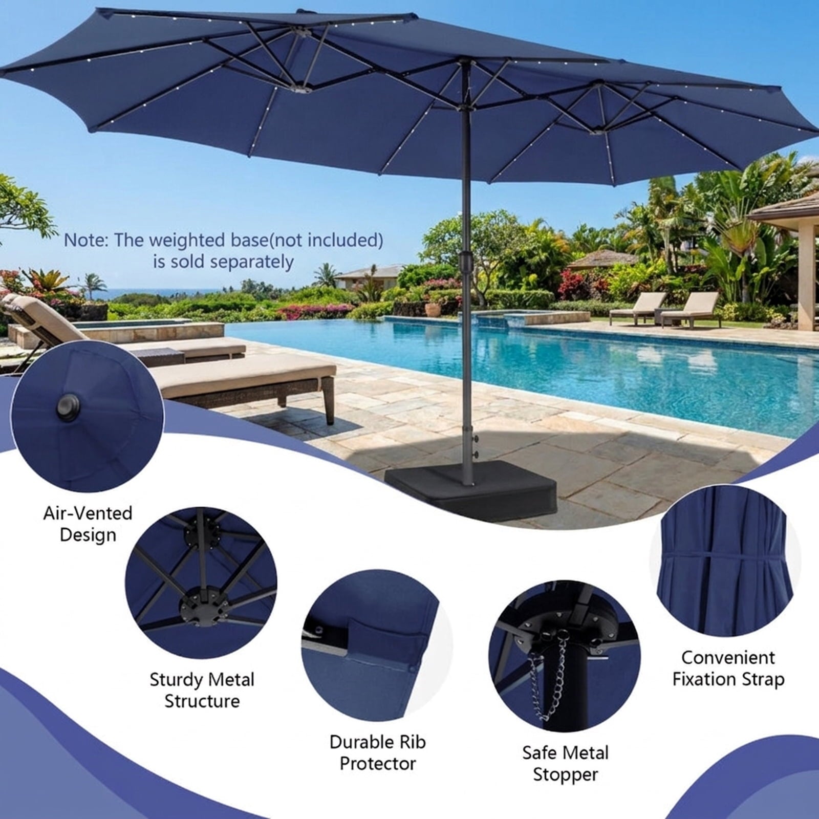 Biotree 15 ft Double-Sided Twin Patio Umbrella Solar LED Lights Outdoor Shade - Blue - UV Protection