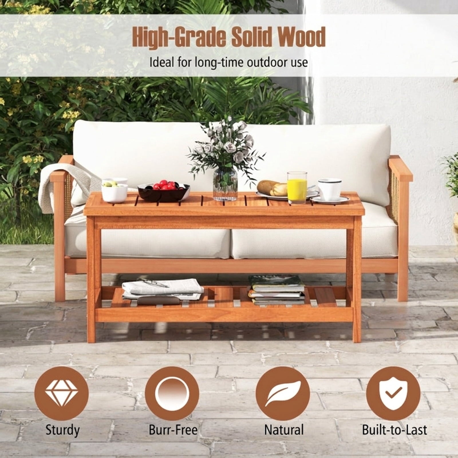 Biotree 2-Tier Patio Coffee Table with Slatted Tabletop and Shelf, Natural