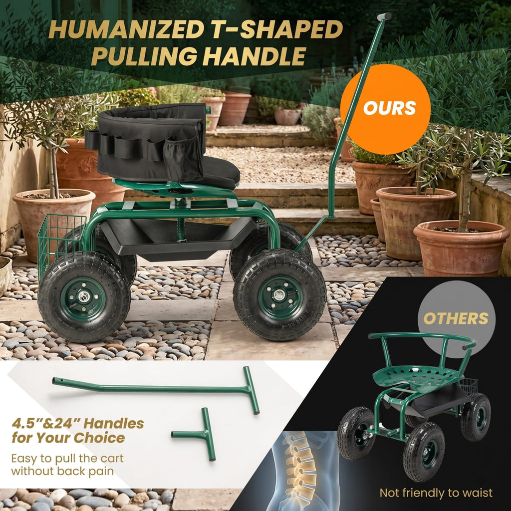 Biotree 330lbs Rolling Garden Cart with 360¡ã Height Adjustable Swivel Seat, Garden Scooter with Storage Basket, Tool Tray for Weeding Planting Gardening Green