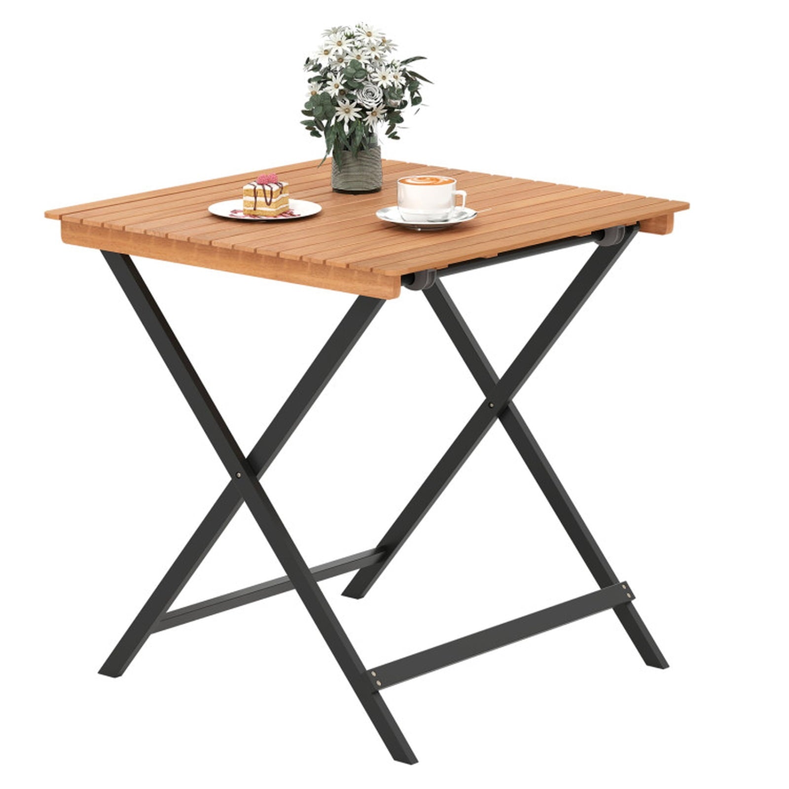 Biotree 28 Inch Patio Folding Square Table with Slatted Tabletop for Backyard Porch, Black