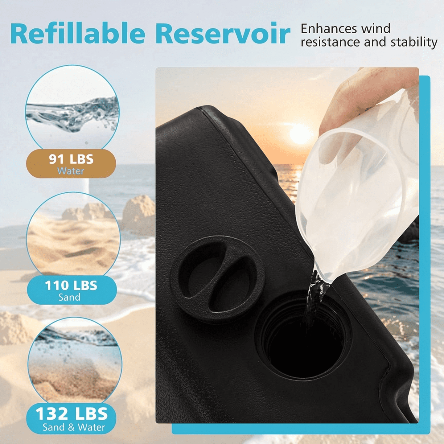 Biotree Mobile Patio Umbrella Base Water Sand Fillable Market Table Umbrella Stand with 3 Wheels-Black